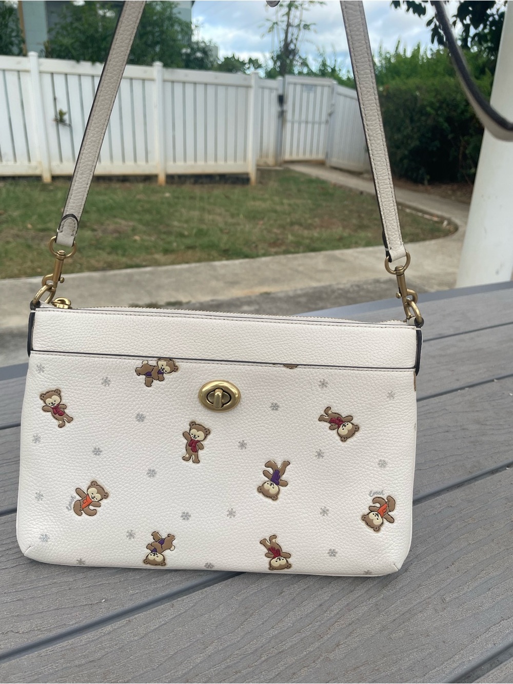 Coach Snow Bear White Pebbled Leather Cross Body Bag